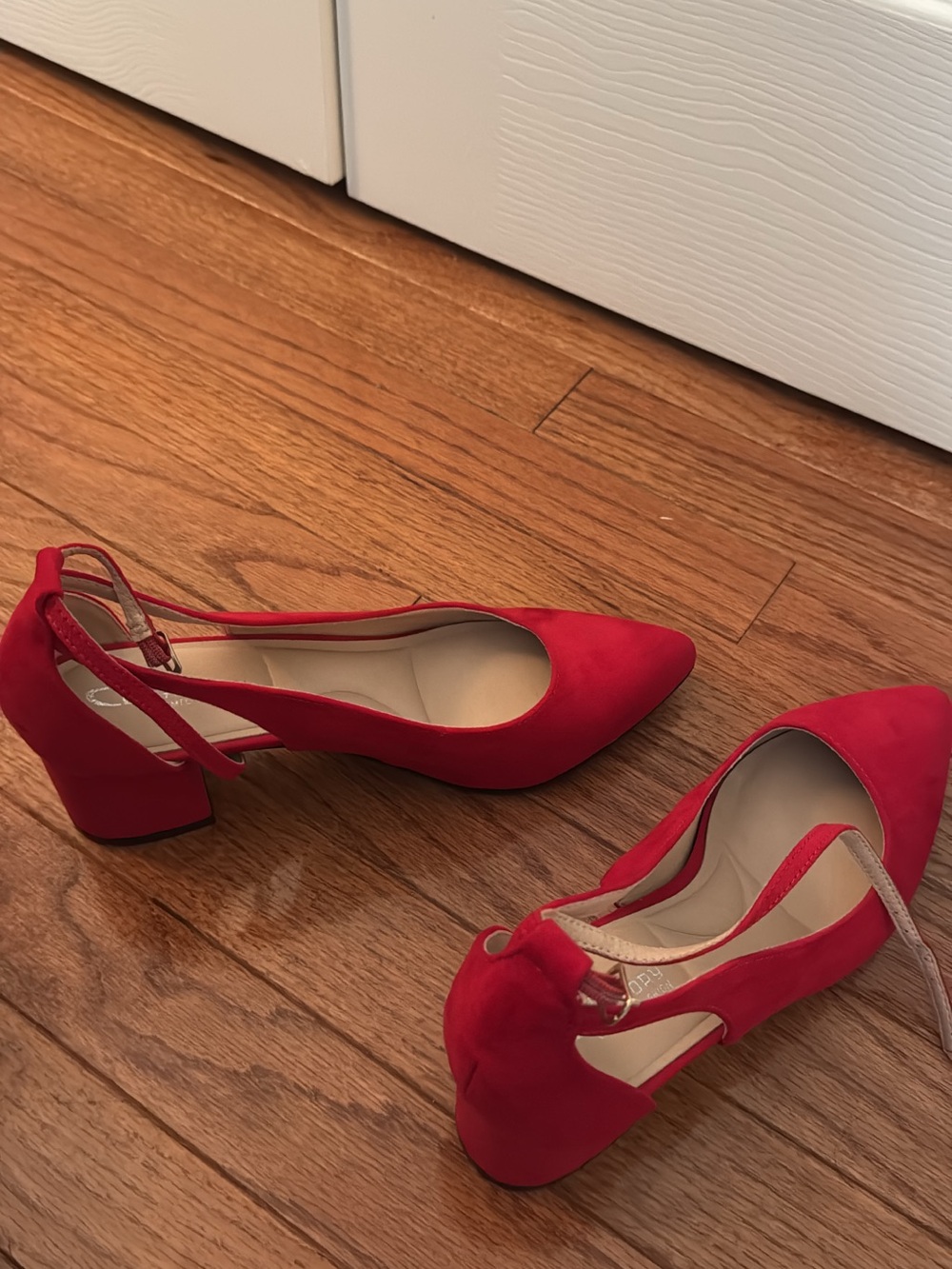 Women’s Red Block Heel Pumps with Ankle Strap